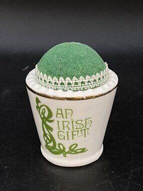 An Irish Gift Vintage Pin Cushion With Ceramic Base Green Top